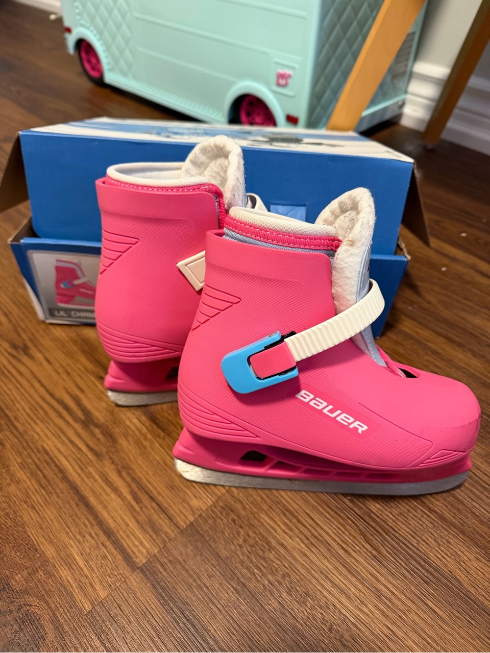 Bauer Kids Pink Ice Skates with Blue Buckles